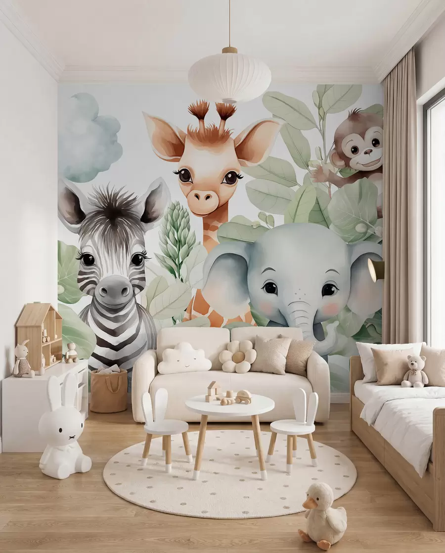 wall murals Giraffe, zebra, elephant and monkey among the foliage w03677