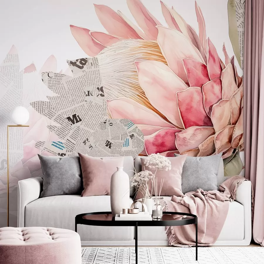 wall murals Protea flowers, newspaper art, floral, tropical, natural colors w03667