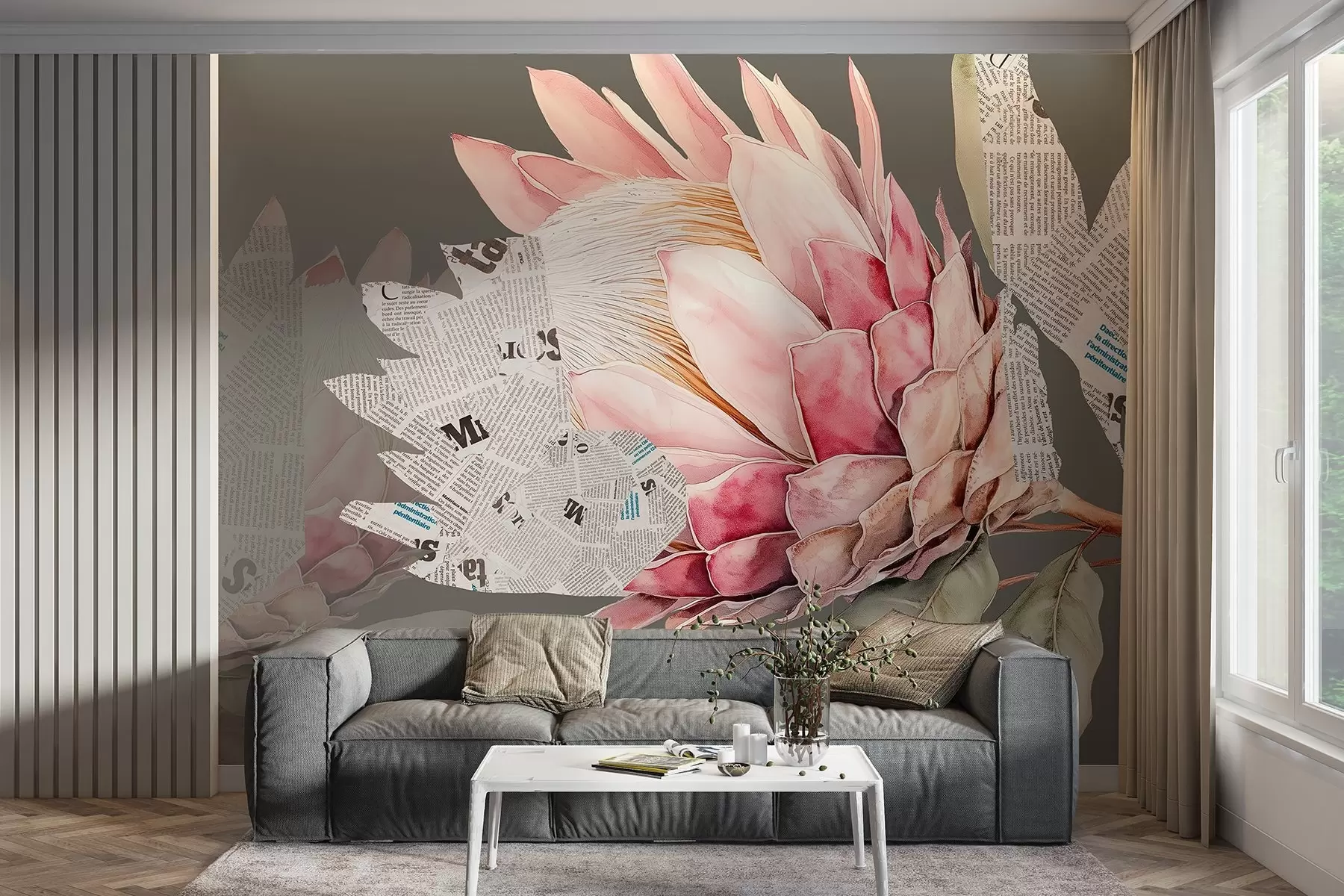 wall murals Protea flowers, newspaper art, floral, tropical, green background w03667v1
