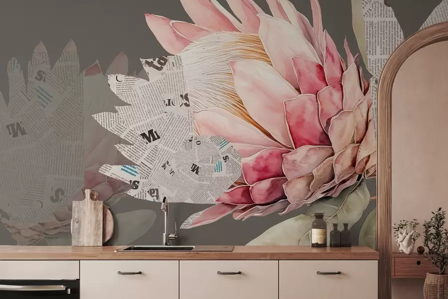 wall murals Protea flowers, newspaper art, floral, tropical, green background w03667v1