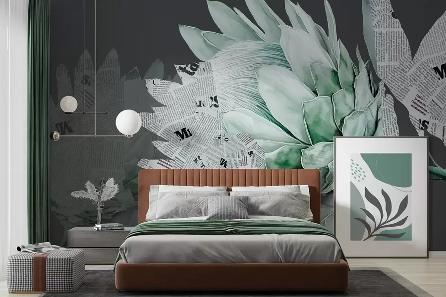 wall murals Protea flowers, newspaper art, floral, tropical, dark background, green colors w03667v3