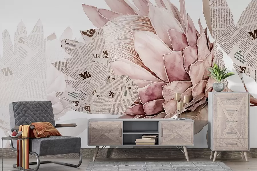 wall murals Protea flowers, newspaper art, floral, tropical, pastel beige colors w03667v4
