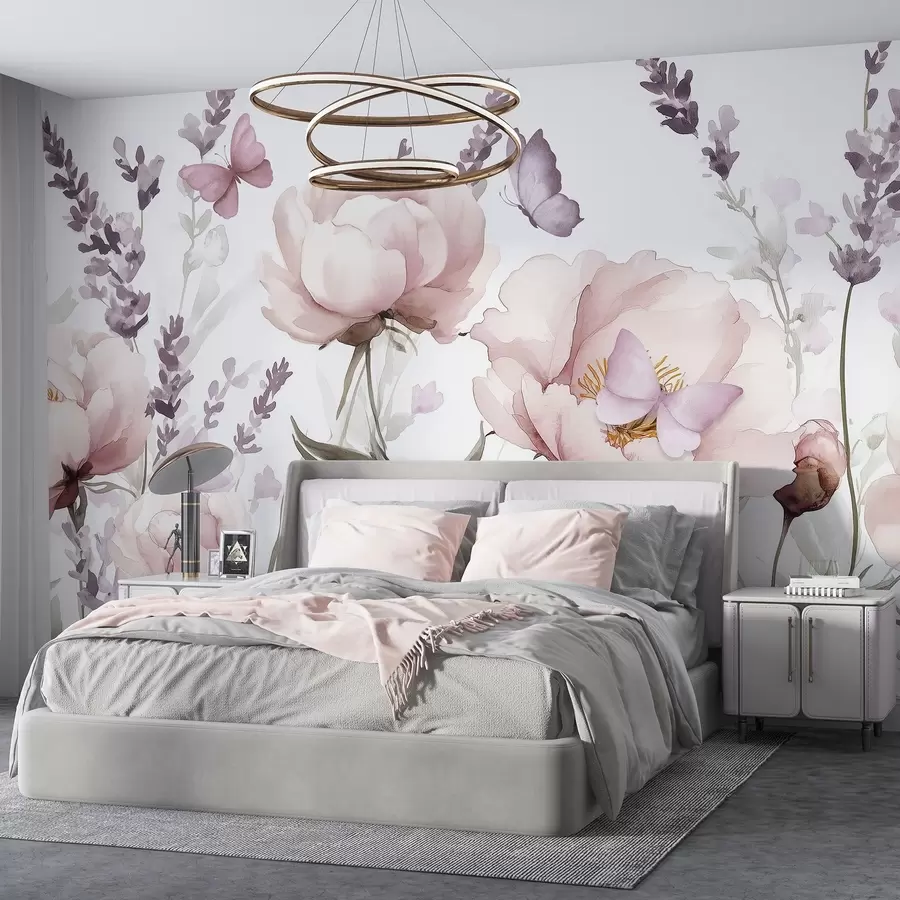 wall murals Flower meadow, peonies, lavender, butterflies, watercolor style, pink colors w03668