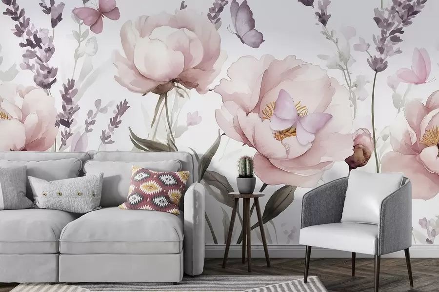 wall murals Flower meadow, peonies, lavender, butterflies, watercolor style, pink colors w03668