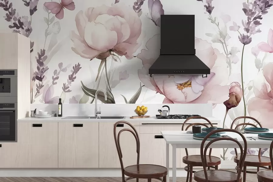 wall murals Flower meadow, peonies, lavender, butterflies, watercolor style, pink colors w03668