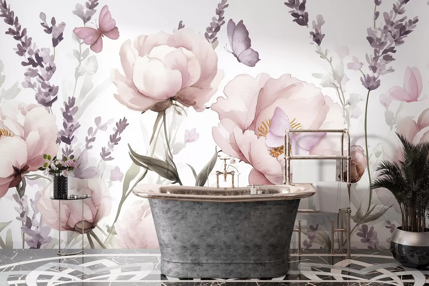 wall murals Flower meadow, peonies, lavender, butterflies, watercolor style, pink colors w03668