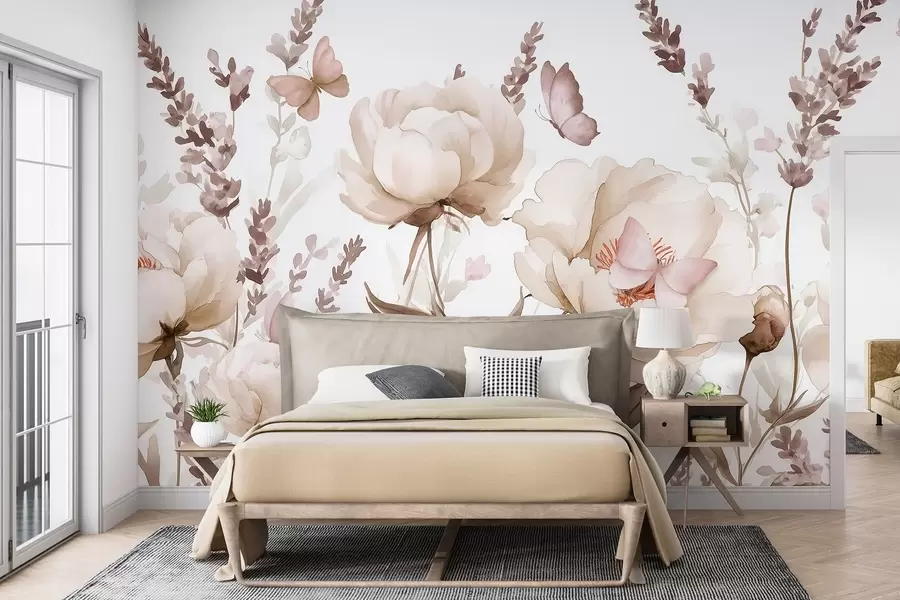 wall murals Flower meadow, peonies, lavender, butterflies, watercolor style, beige colors w03668v2