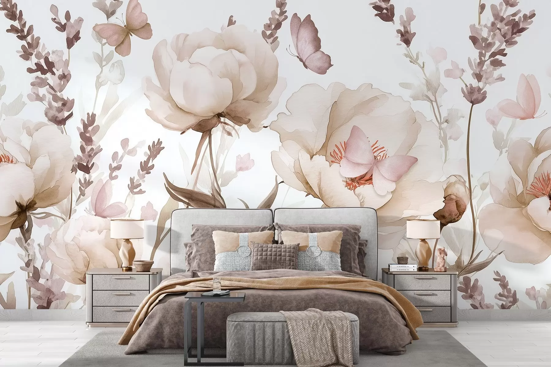 wall murals Flower meadow, peonies, lavender, butterflies, watercolor style, beige colors w03668v2