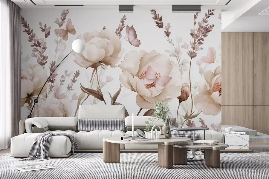wall murals Flower meadow, peonies, lavender, butterflies, watercolor style, beige colors w03668v2
