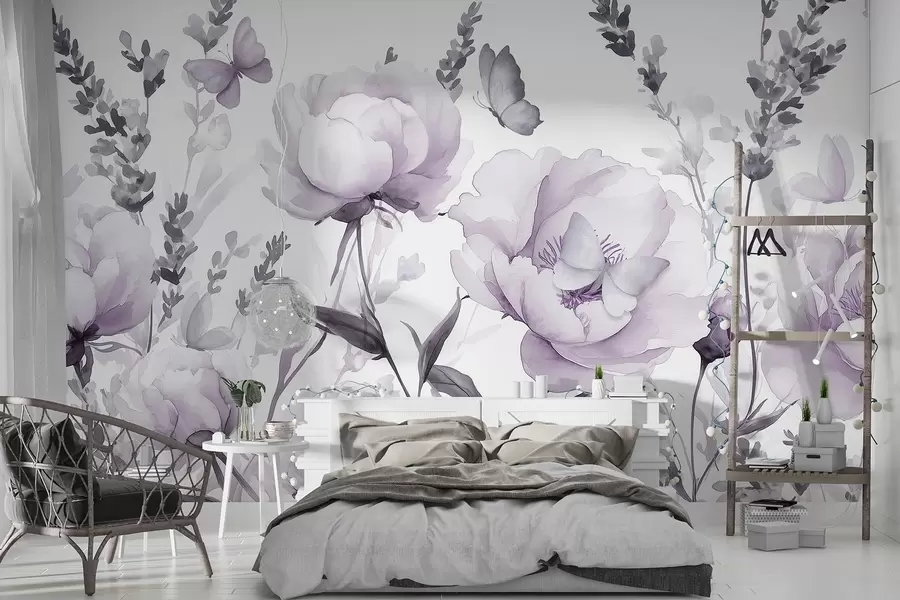 wall murals Flower meadow, peonies, lavender, butterflies, watercolor style, puple colors w03668v3