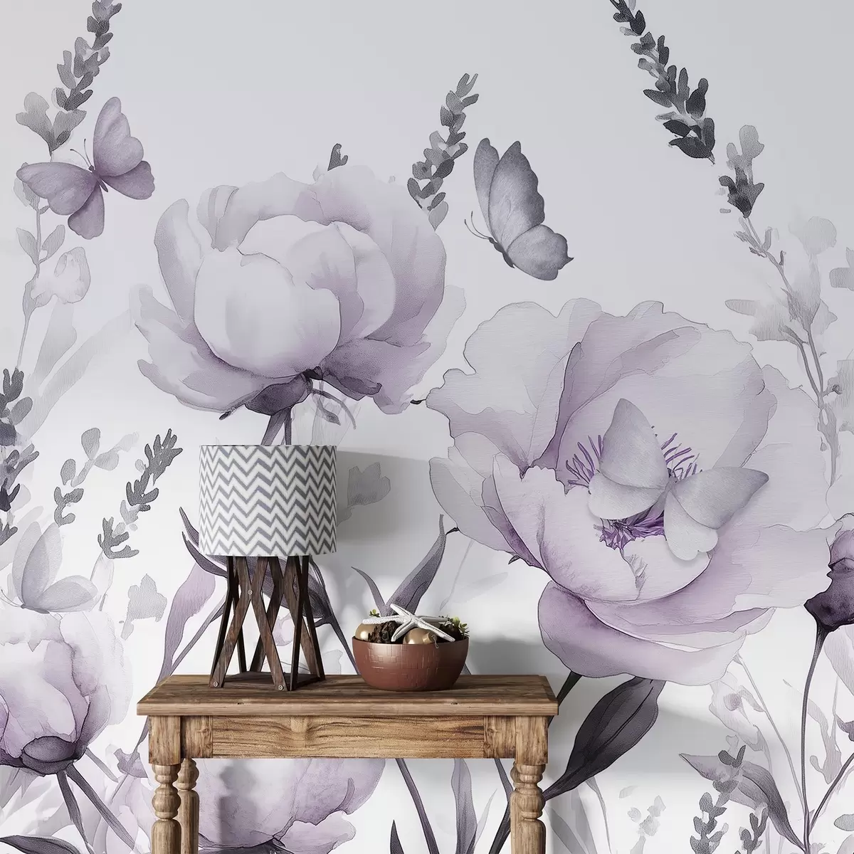 wall murals Flower meadow, peonies, lavender, butterflies, watercolor style, puple colors w03668v3