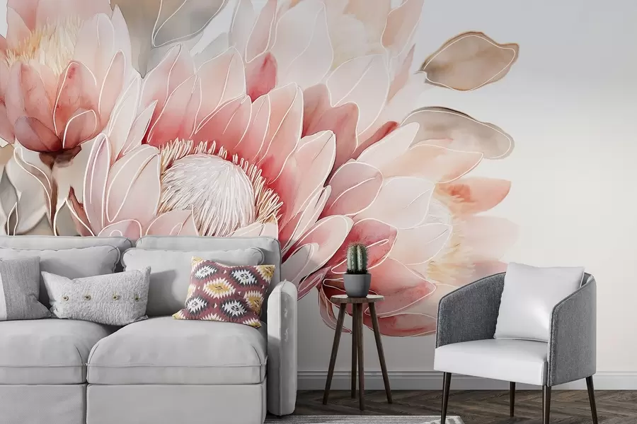 wall murals Beautiful protea flowers, line art drawing, tropical, natural colors w03669