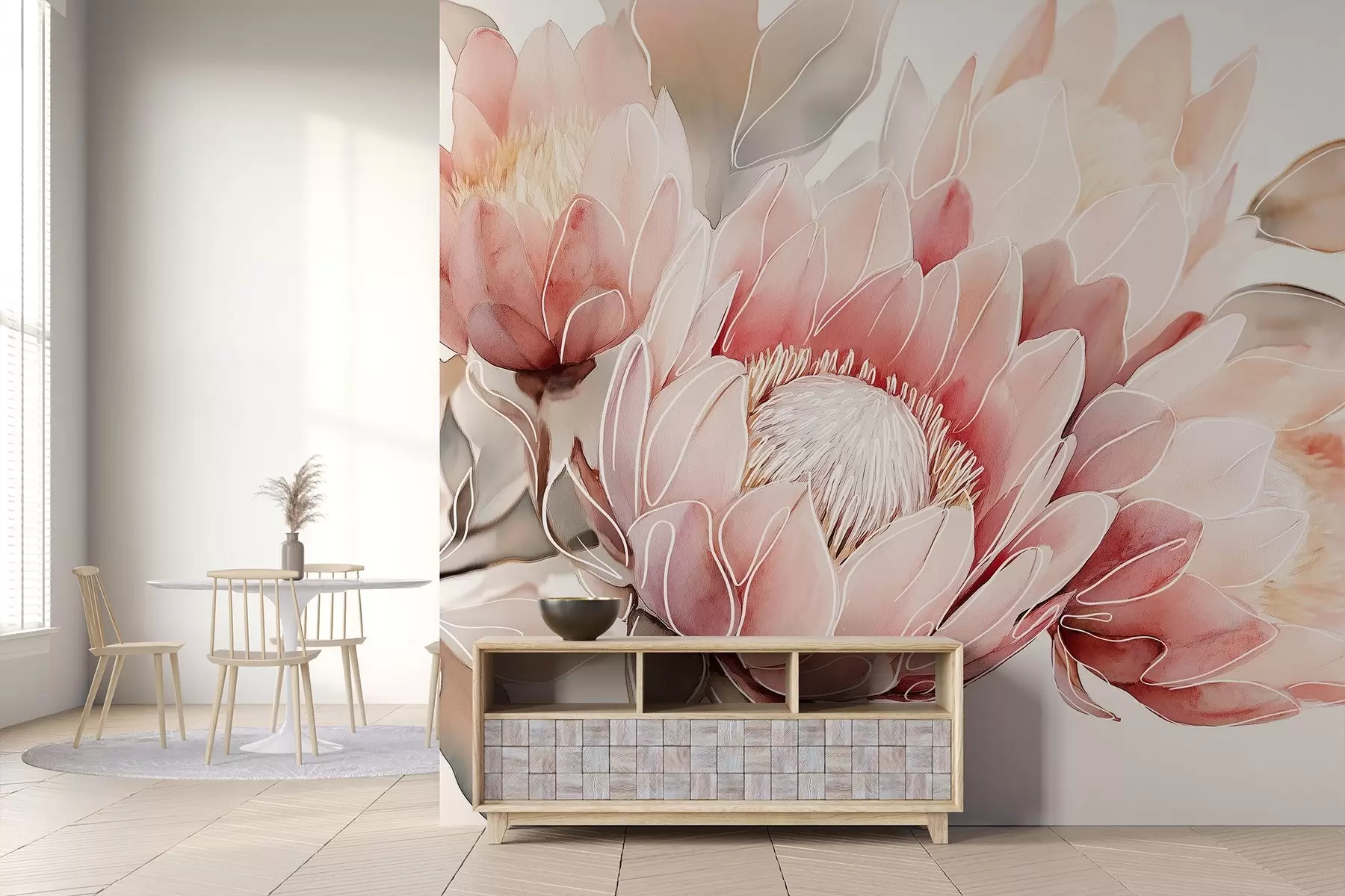 wall murals Beautiful protea flowers, line art drawing, tropical, natural colors w03669