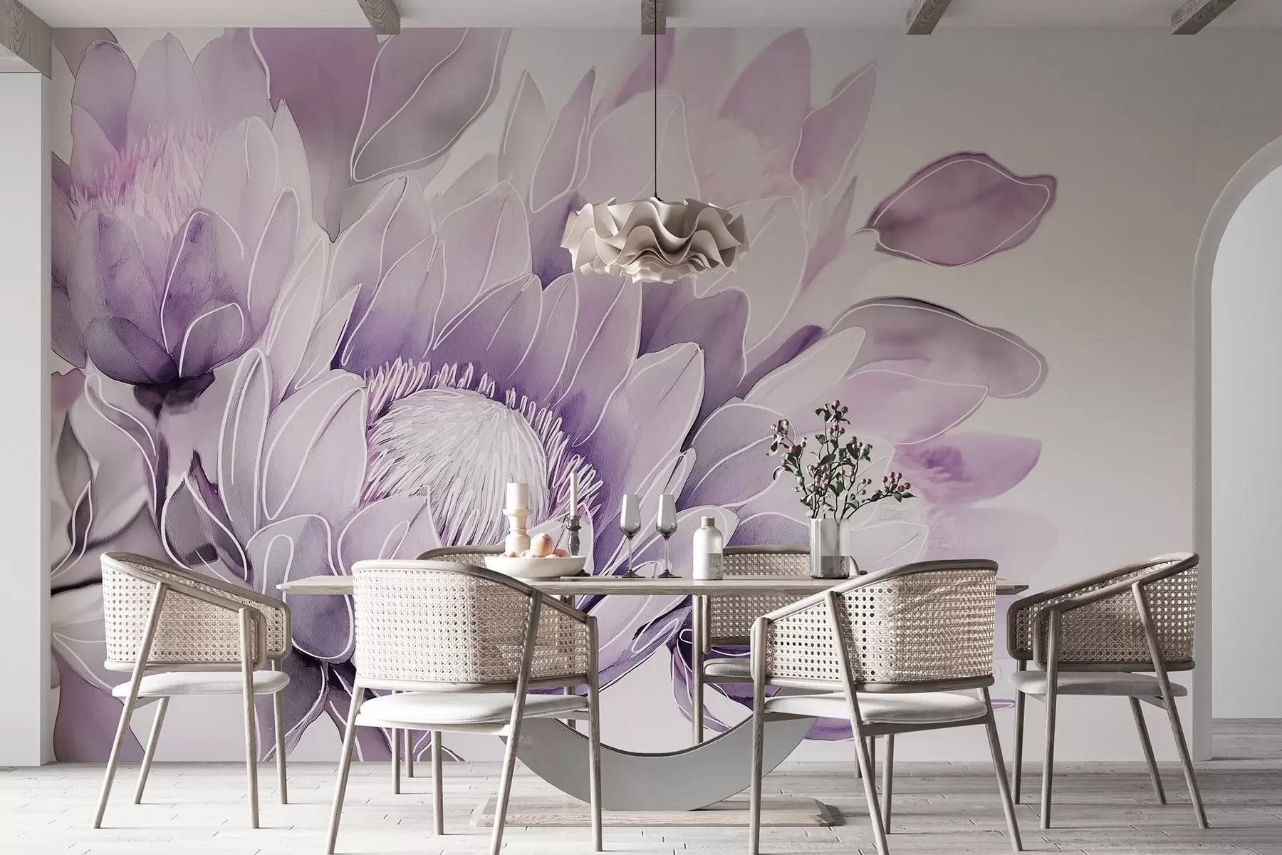 wall murals Beautiful protea flowers, line art drawing, tropical, purple colors w03669v1