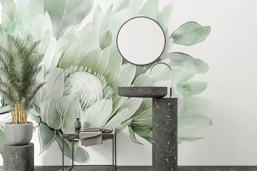 wall murals Beautiful protea flowers, line art drawing, tropical, green colors w03669v2