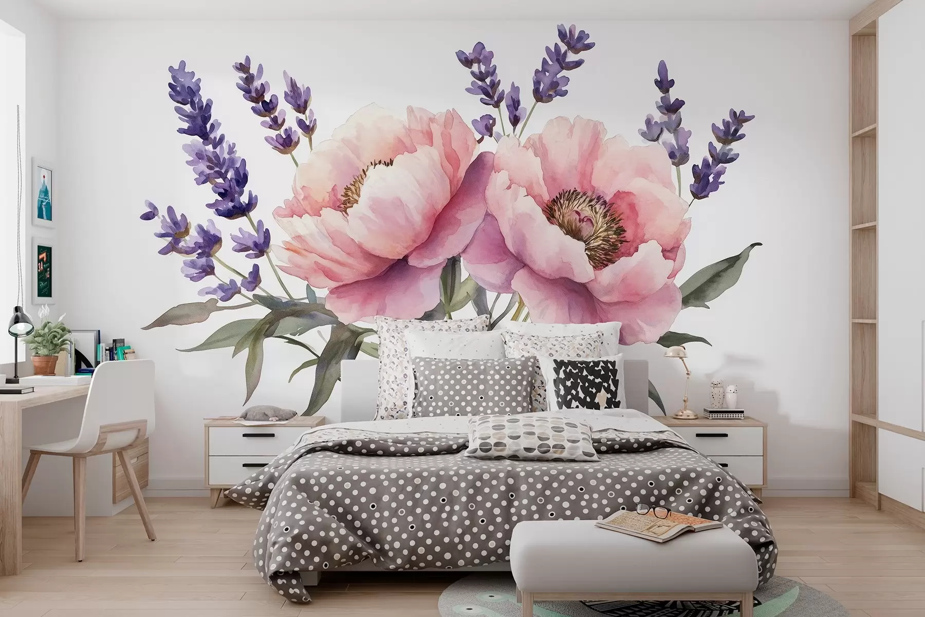 wall murals Watercolor style peonies, lavender, flowers, natural colors w03671