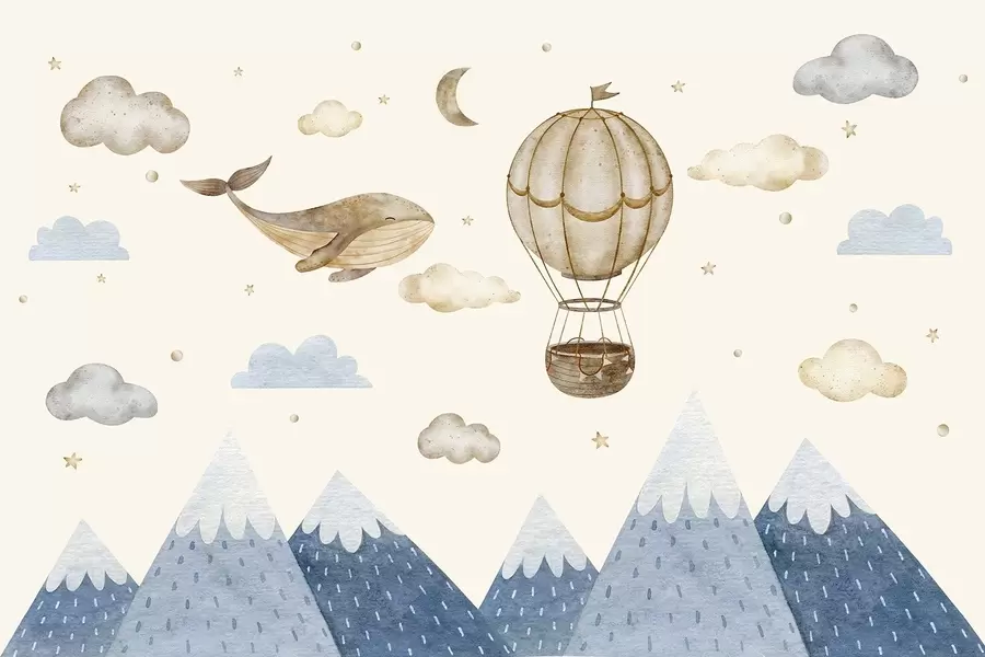 wall murals Air balloon, cute whale, starry sky, mountains, watercolor, blue and beige colors w03672