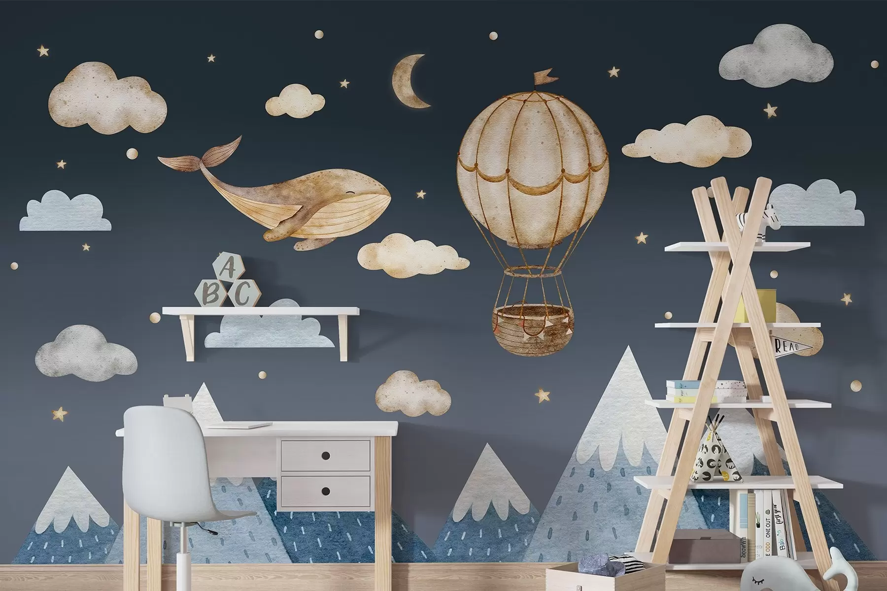 wall murals Air balloon, cute whale, dark starry sky, mountains, watercolor, blue and beige colors w03672v1