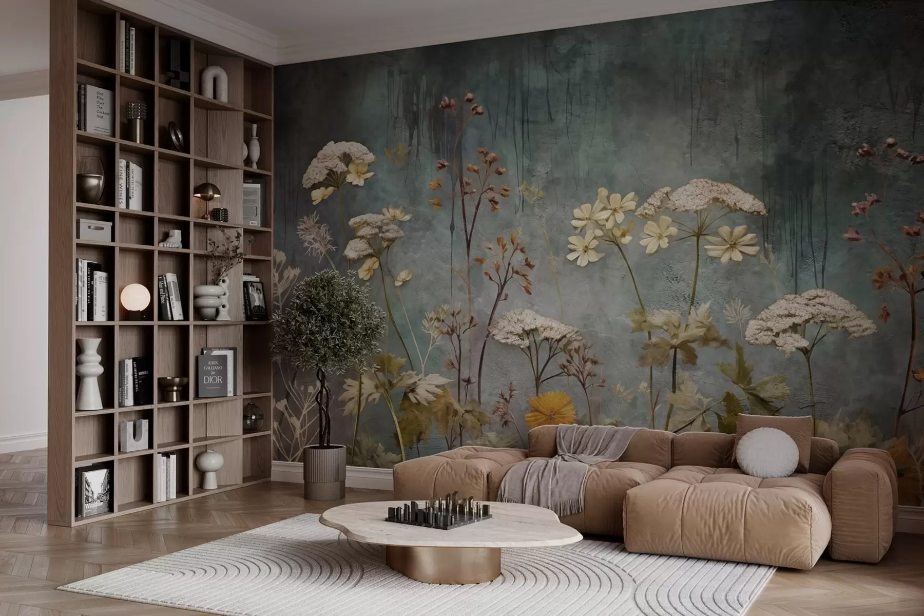 wall murals Wild flowers and grasses on the background of grunge wall w03697