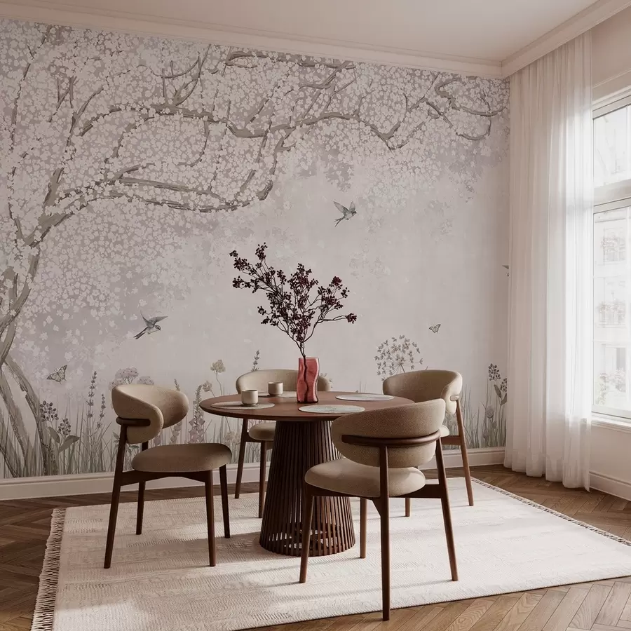 wall murals Blooming tree with wildflowers and birds w03700
