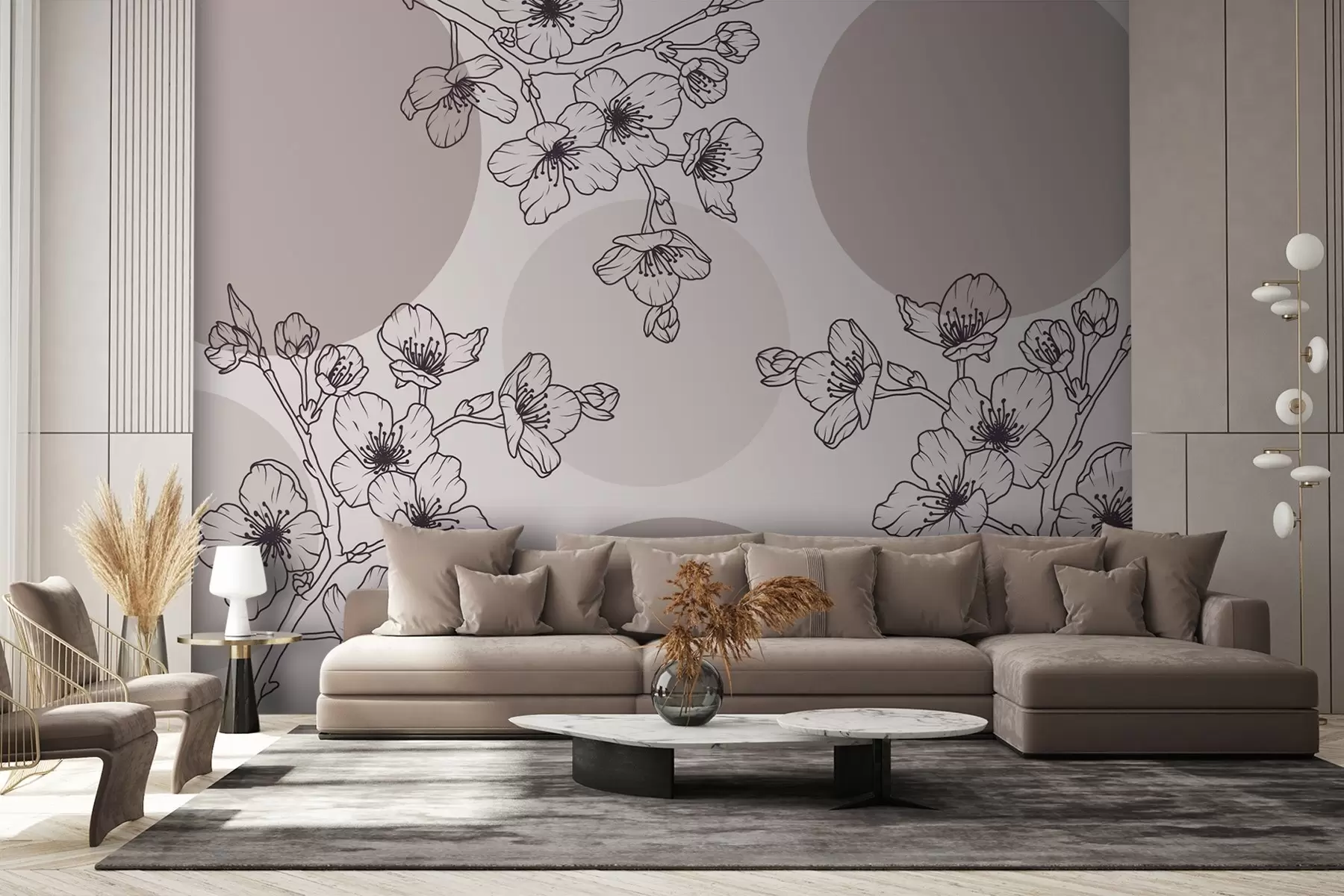 wall murals Branches with flowers on colored circles in brown tones w03712