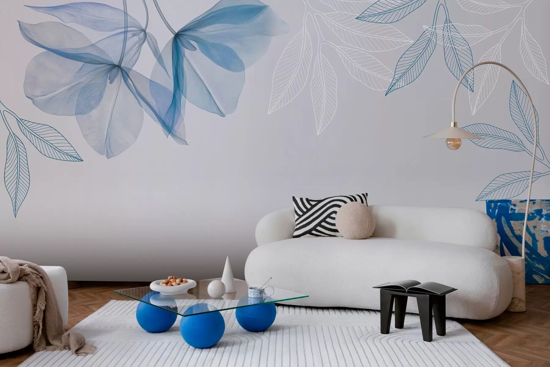 wall murals delicate translucent flowers and leaves in blue tones w03616