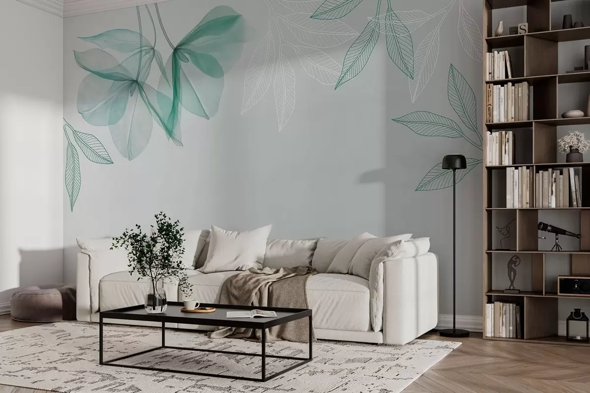 wall murals delicate translucent flowers and leaves in green tones w03616v1