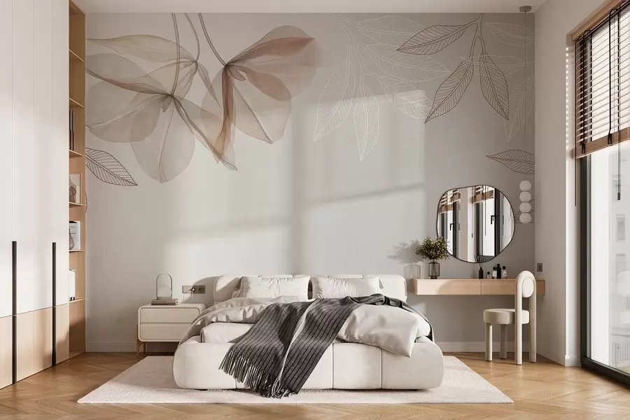 wall murals delicate translucent flowers and leaves in mocha tones w03616v3