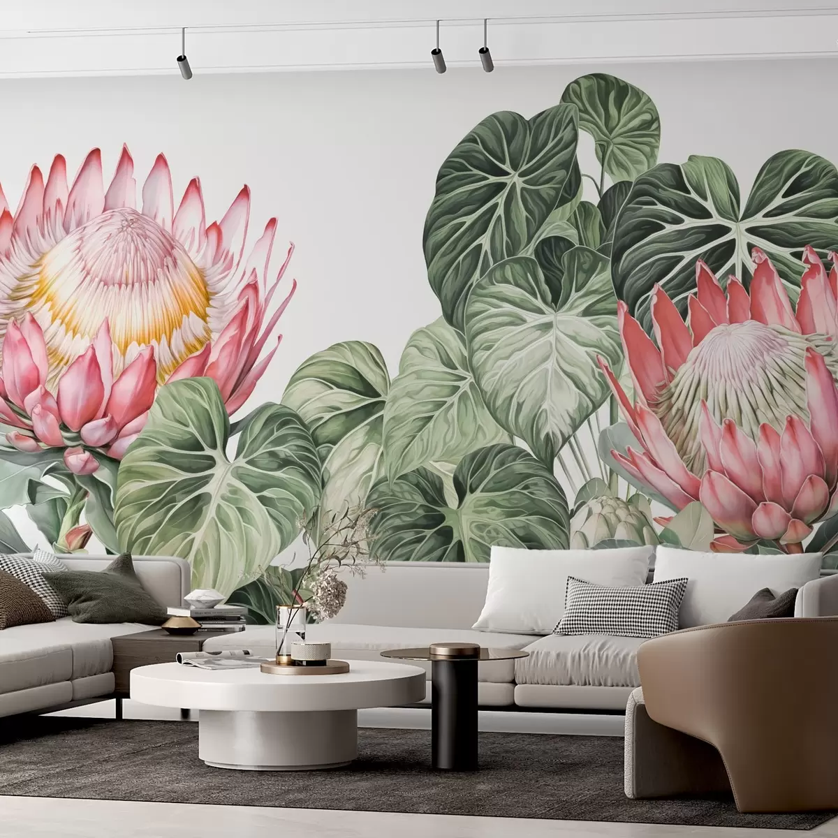 wall murals Protea in tropical leaves w03678
