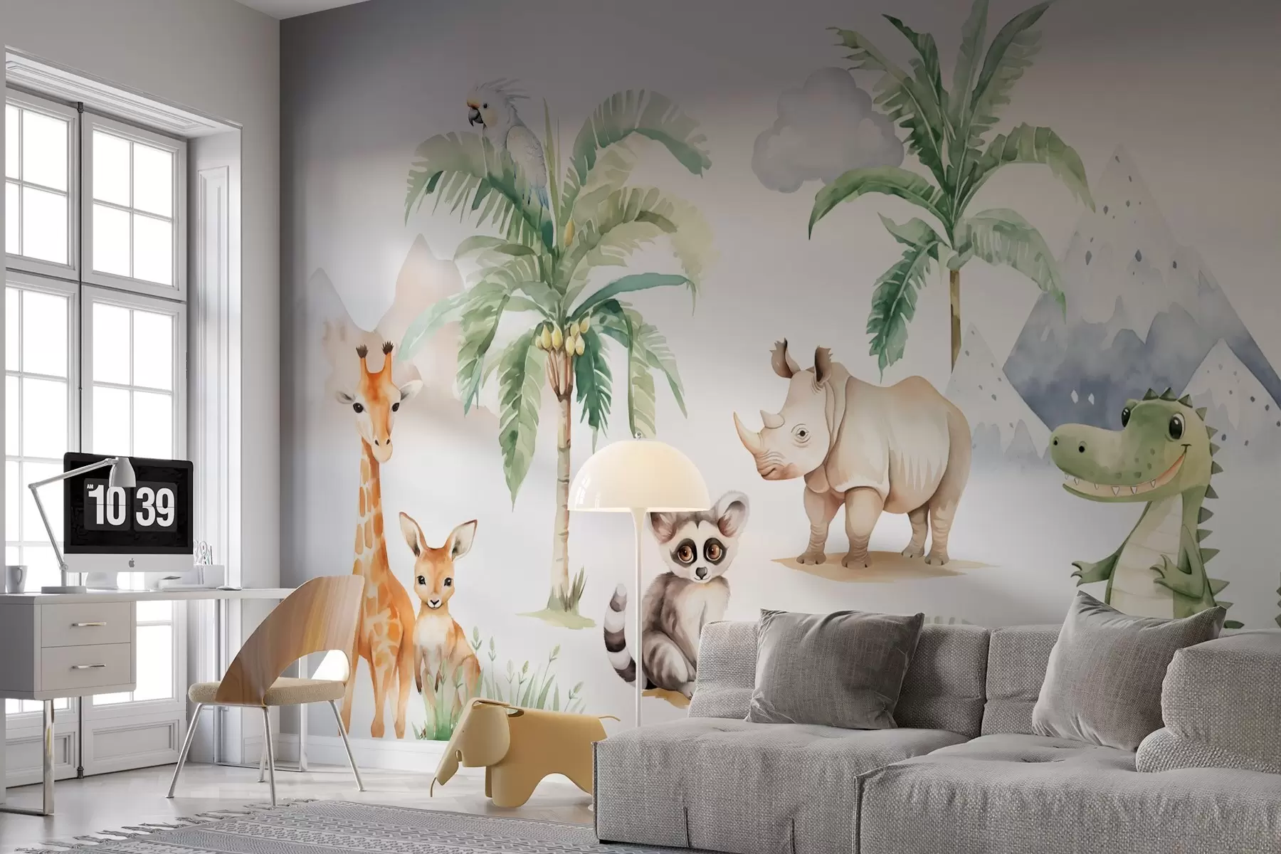 wall murals Tropical animals near palm trees imitation of watercolor w03740
