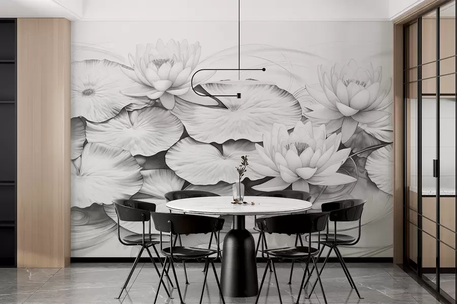 wall murals Water lilies and lily pads in a pond, black and white imitation of pencil drawing, detailed botanical illustration, nature art w09006