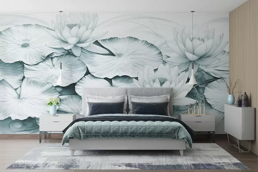 wall murals Water lilies and lily pads in a pond, turquoise and white imitation of pencil drawing, detailed botanical illustration, nature art w09006v1