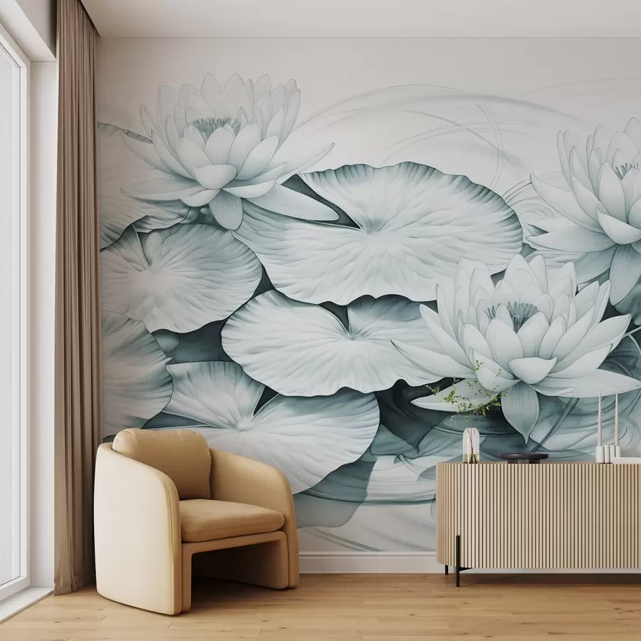 wall murals Water lilies and lily pads in a pond, turquoise and white imitation of pencil drawing, detailed botanical illustration, nature art w09006v1
