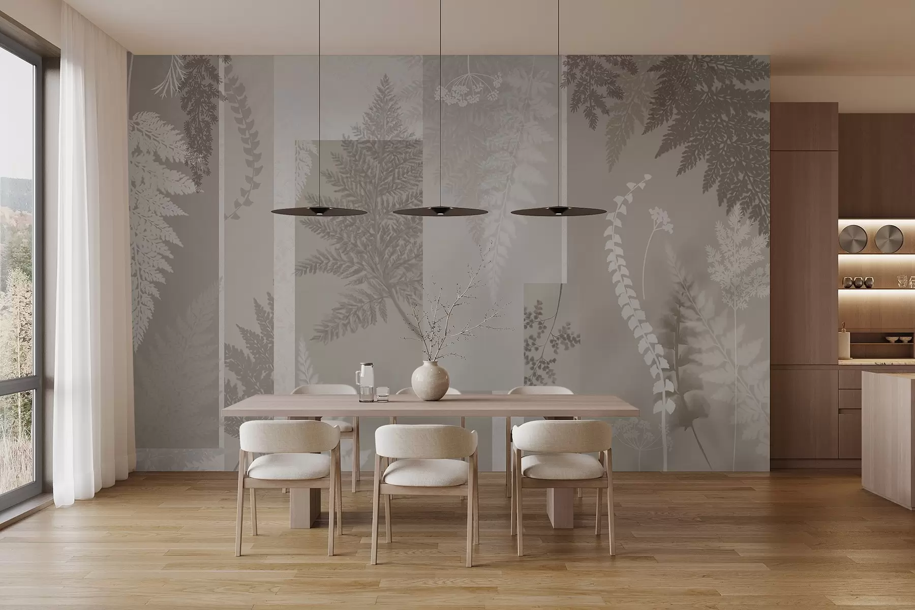 wall murals Fern leaves in beige and white, arranged in vertical stripes, creating a botanical and minimalist print, soft and muted colors w09007