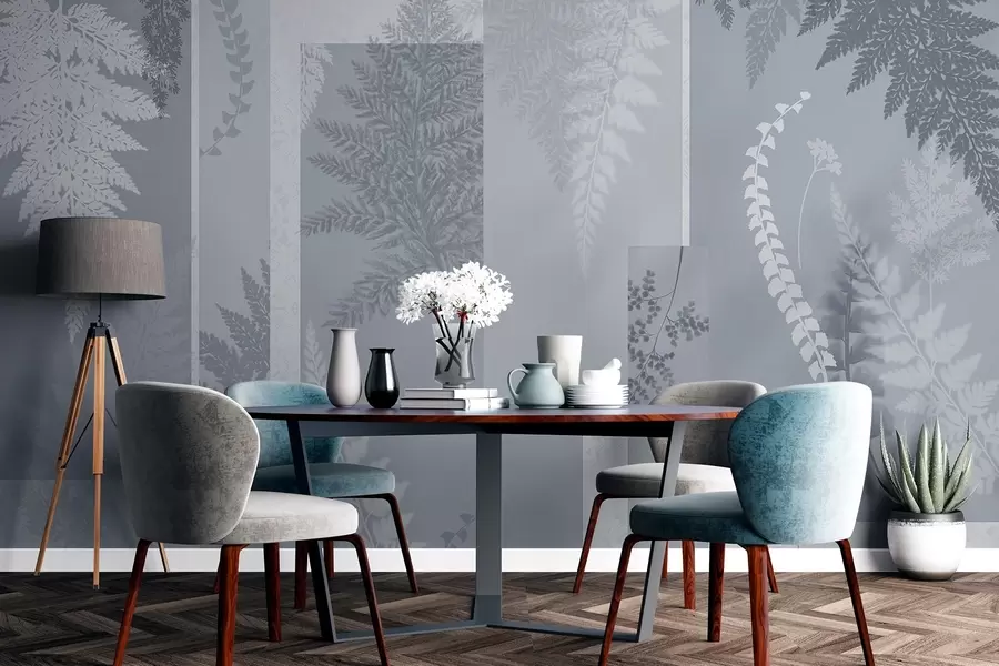 wall murals Fern leaves in blue and white, arranged in vertical stripes, creating a botanical and minimalist print, soft and muted colors w09007v1