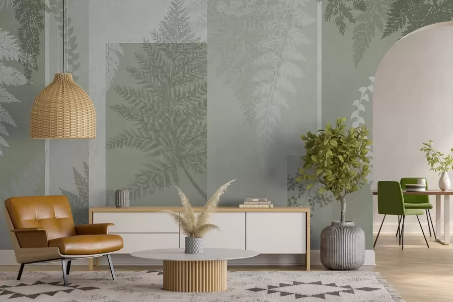 wall murals Fern leaves in green and white, arranged in vertical stripes, creating a botanical and minimalist print, soft and muted colors w09007v2
