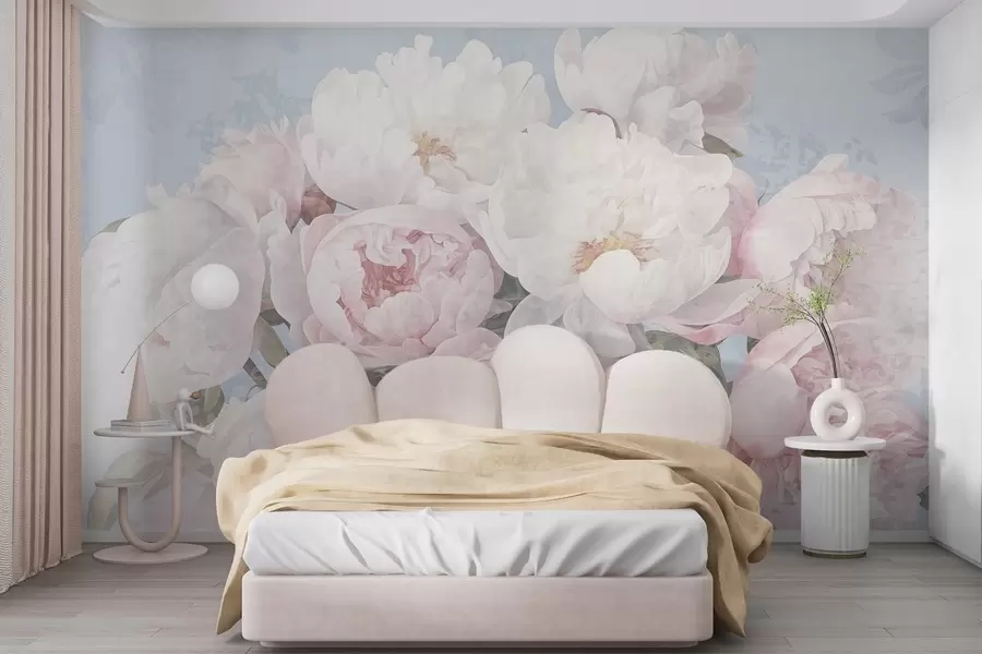 wall murals Textured abstract pink and white peonies with green leaves, light blue background, soft and delicate colors, vintage style w09008