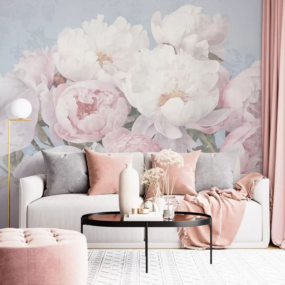 wall murals Textured abstract pink and white peonies with green leaves, light blue background, soft and delicate colors, vintage style w09008
