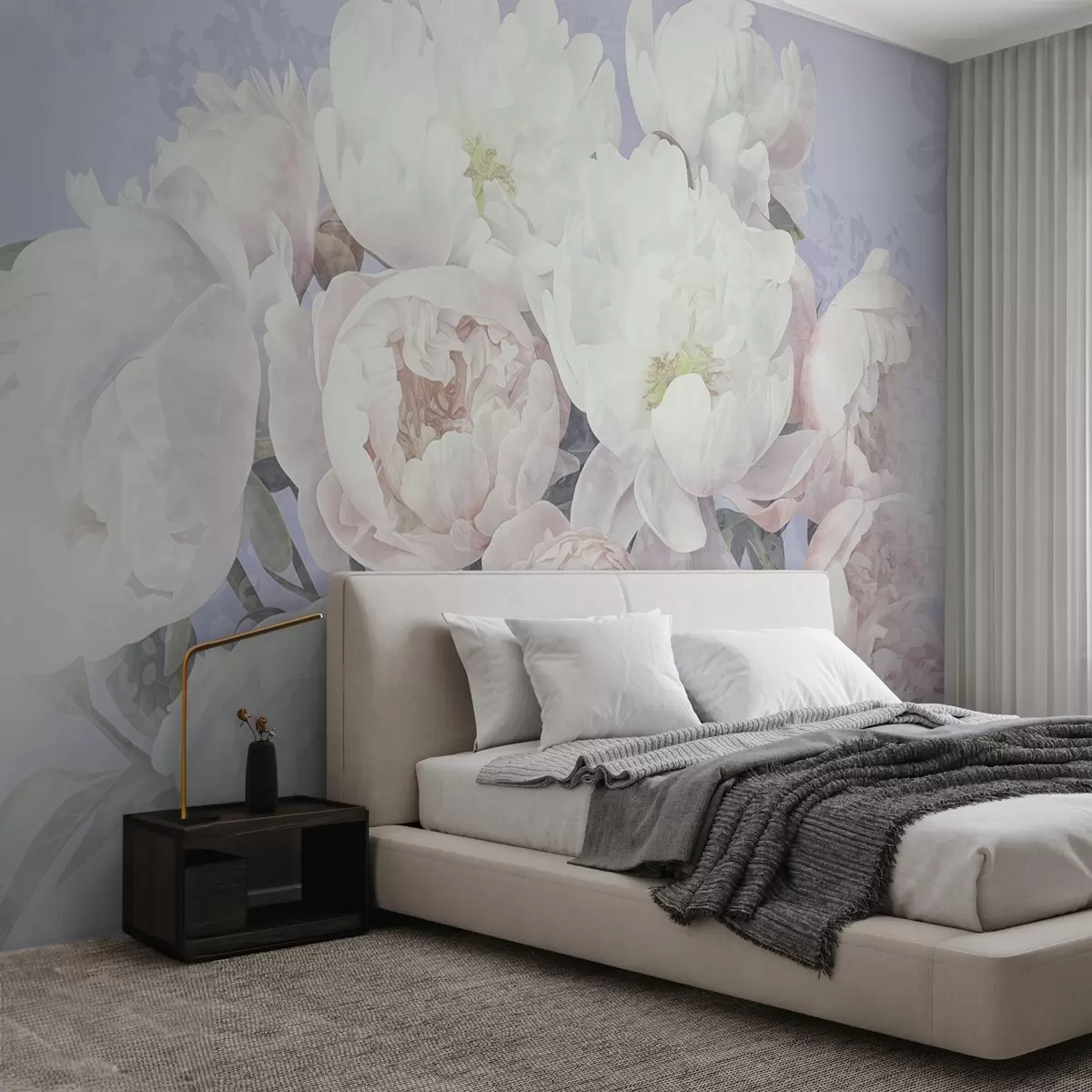wall murals Textured abstract peach and white peonies with green leaves, light background, soft and delicate colors, vintage style w09008v1