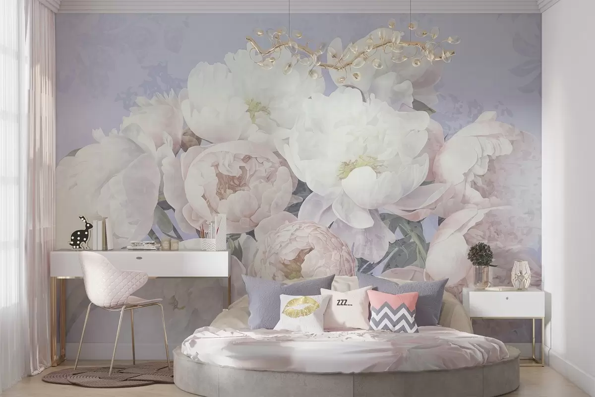 wall murals Textured abstract peach and white peonies with green leaves, light background, soft and delicate colors, vintage style w09008v1
