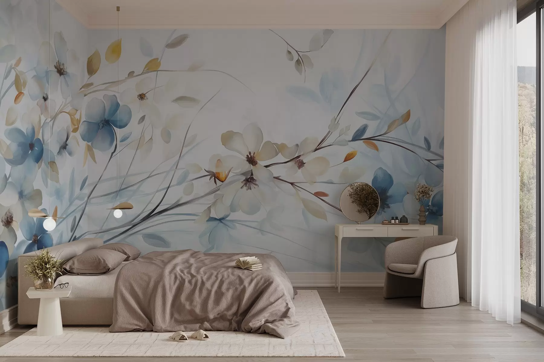 wall murals Floral arrangement with blue, orange leaves and white flowers, delicate petals, thin branches, soft colors, watercolor effect w09009