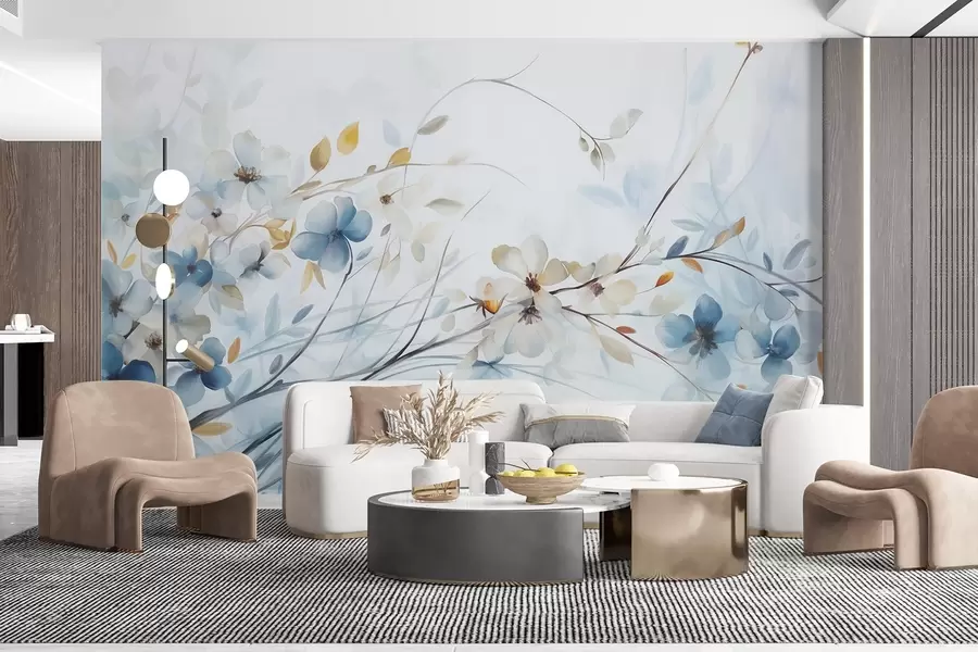 wall murals Floral arrangement with blue, orange leaves and white flowers, delicate petals, thin branches, soft colors, watercolor effect w09009