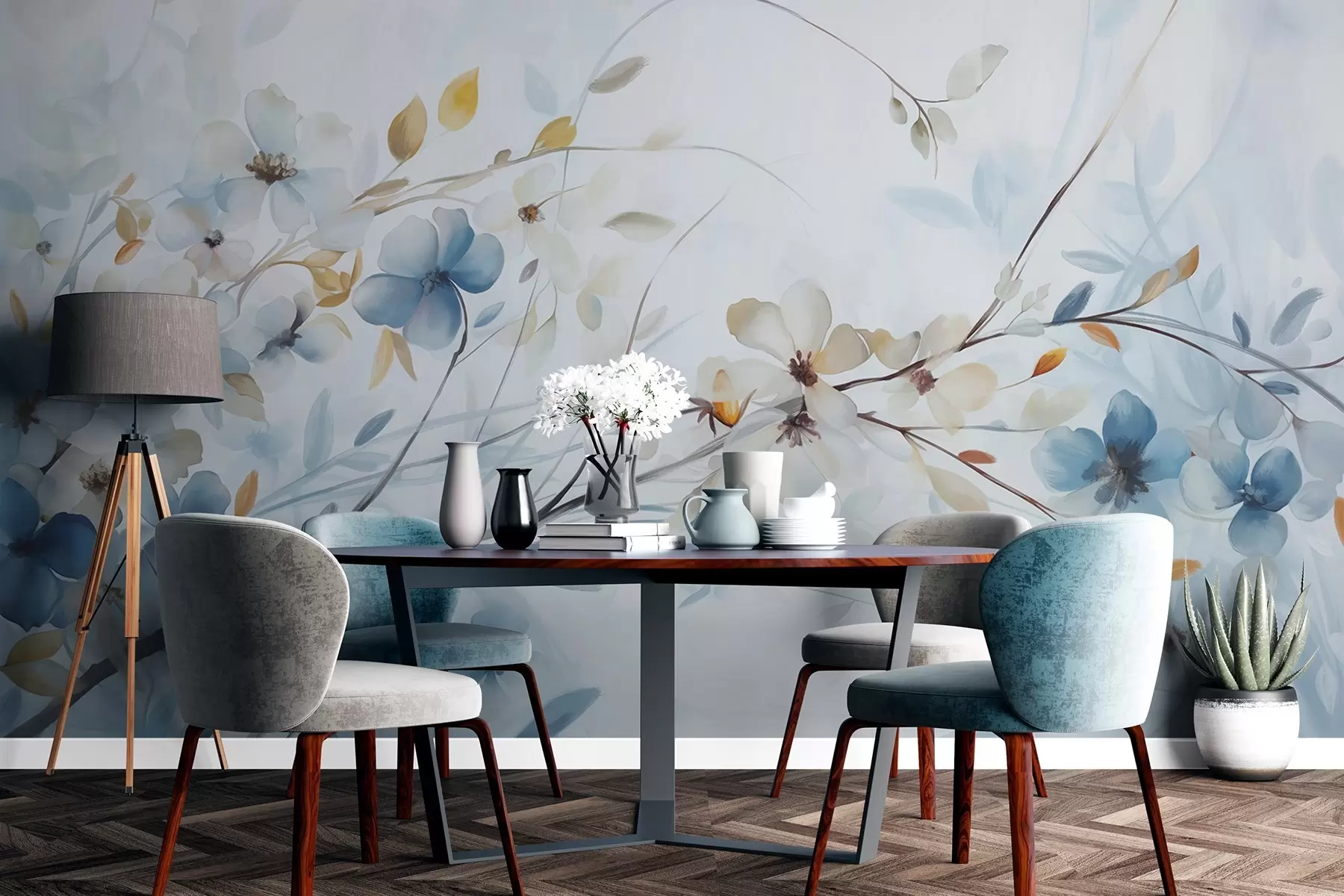 wall murals Floral arrangement with blue, orange leaves and white flowers, delicate petals, thin branches, soft colors, watercolor effect w09009