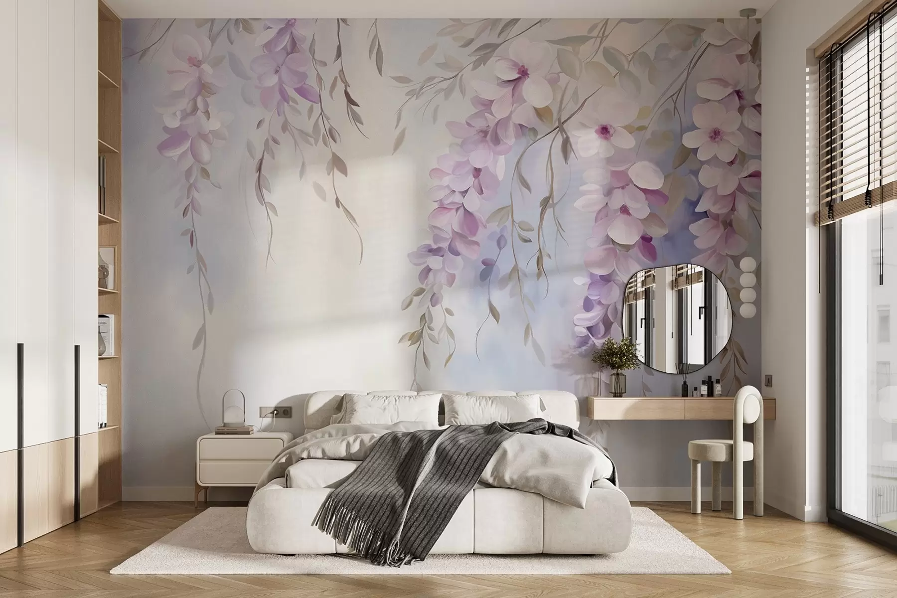 wall murals Wisteria flowers with lilac petals and green leaves hanging from branches, soft pastel colors, pastel colored background w09010