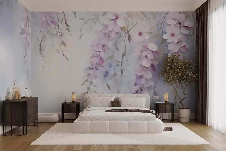 wall murals Wisteria flowers with lilac petals and green leaves hanging from branches, soft pastel colors, pastel colored background w09010
