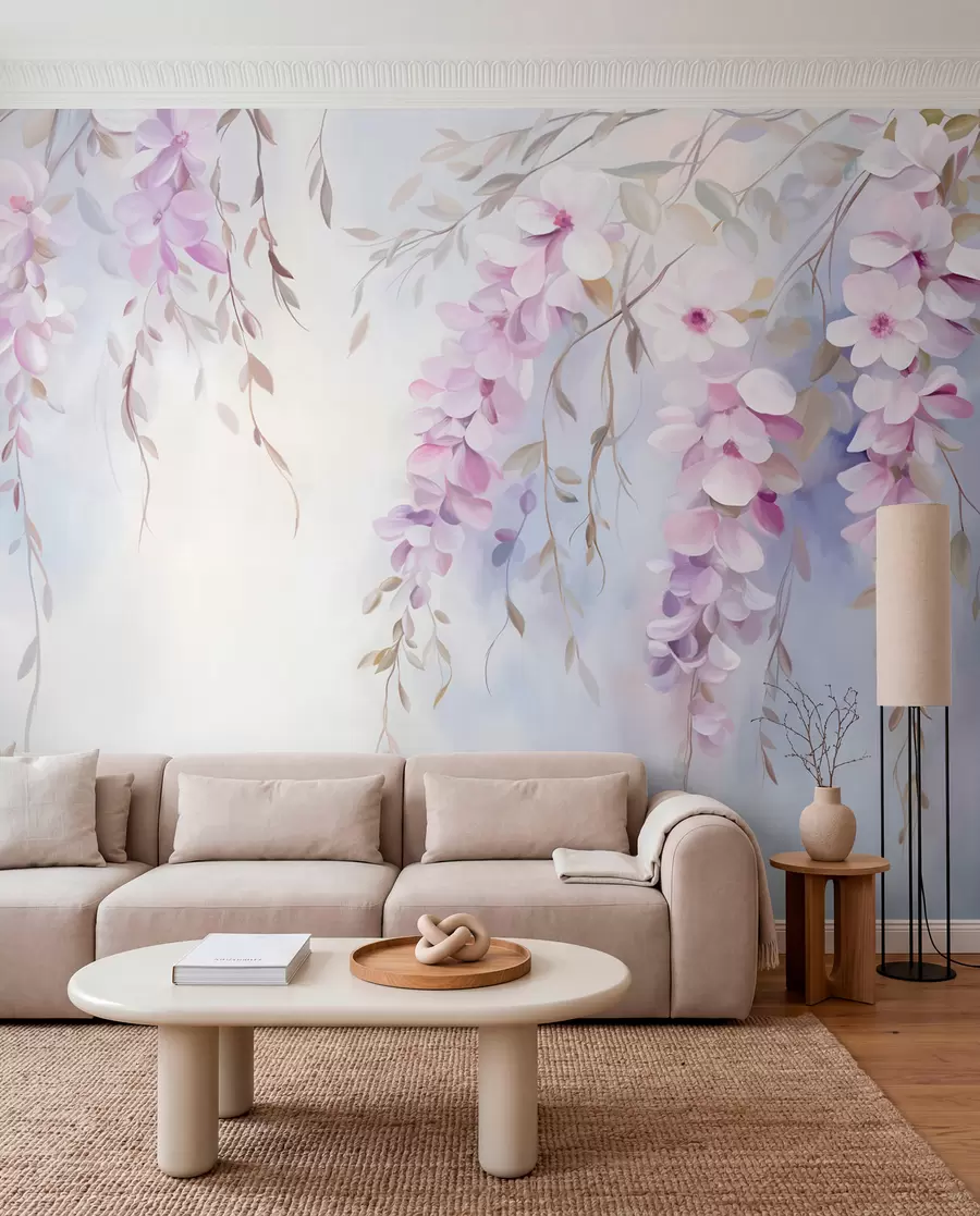 wall murals Wisteria flowers with lilac petals and green leaves hanging from branches, soft pastel colors, pastel colored background w09010