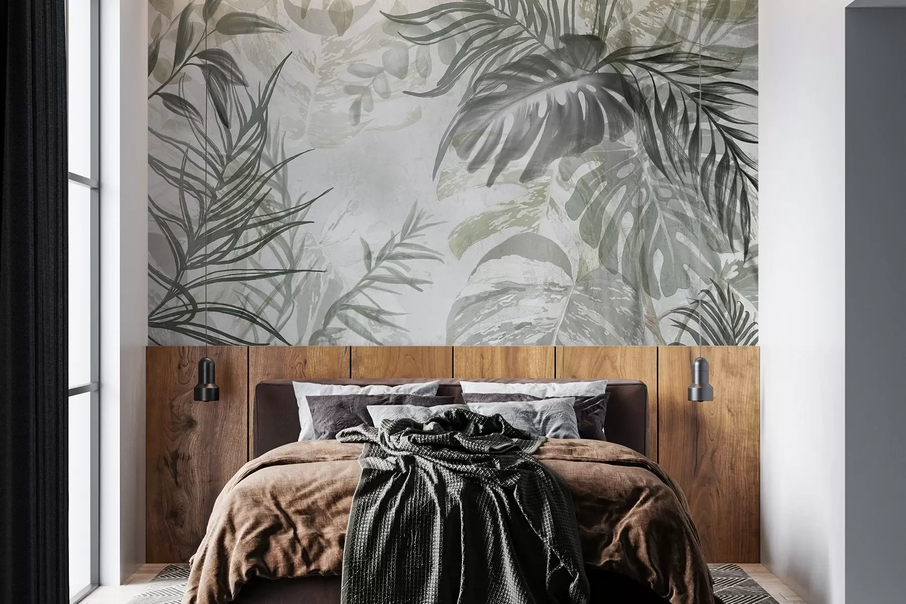 wall murals Monstera and palm leaves in shades of green and gray, botanical, tropical foliage, jungle plants, textured background w09011