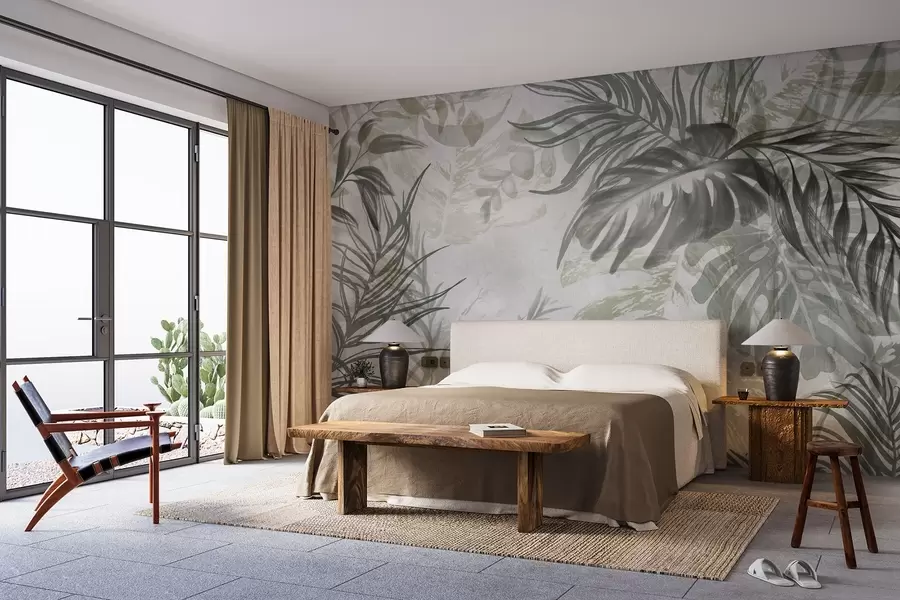 wall murals Monstera and palm leaves in shades of green and gray, botanical, tropical foliage, jungle plants, textured background w09011