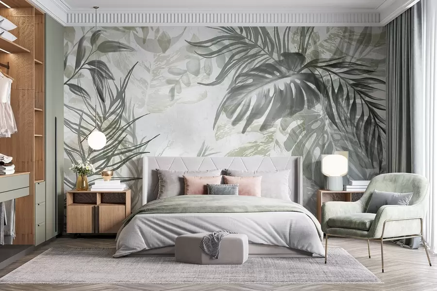 wall murals Monstera and palm leaves in shades of green and gray, botanical, tropical foliage, jungle plants, textured background w09011