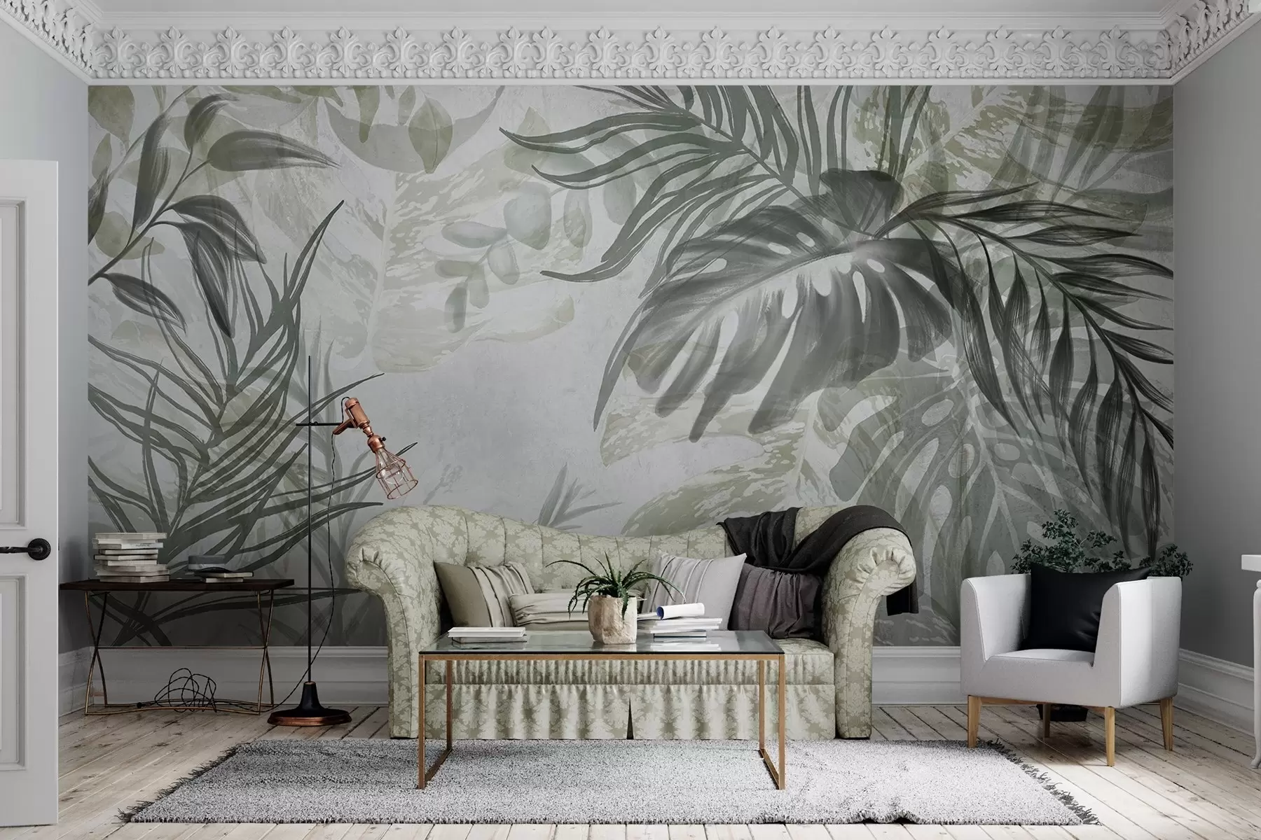 wall murals Monstera and palm leaves in shades of green and gray, botanical, tropical foliage, jungle plants, textured background w09011